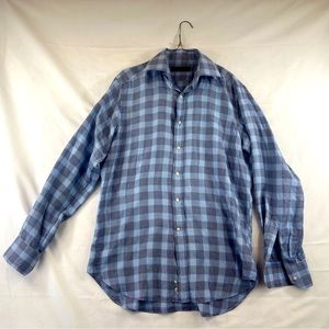 Canali Shirt‎ Men 15.1/2-39 Blue White Check Button Up Long Sleeve Made in Italy